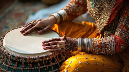 A close-up of a skilled musician playing a traditional drum, showcasing vibrant cultural clothing and intricate hand patterns.