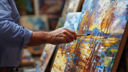 A close-up of an artist's hand painting a vibrant landscape on canvas, showcasing creativity and talent in a studio environment.