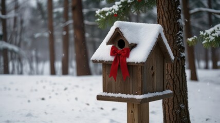 A wooden birdhouse with a red bow sits in a snowy forest.