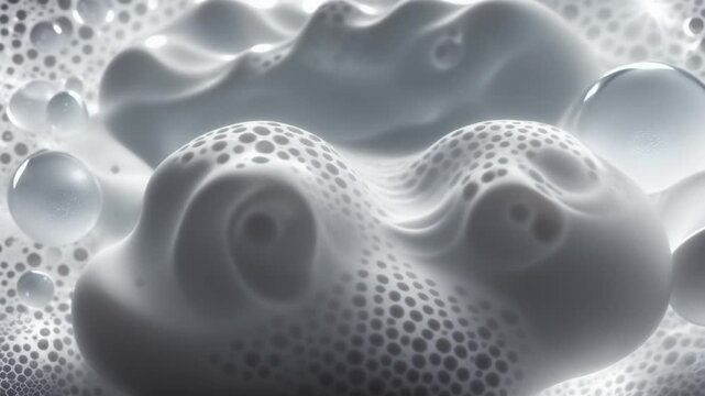 Um l&iacute;quido branco com uma apar&ecirc;ncia suave e homog&ecirc;nea, que apresenta uma camada de espuma branca e leve na superf&iacute;cie. A espuma &eacute; formada por pequenas bolhas, conferindo uma textura aveludada e arejad