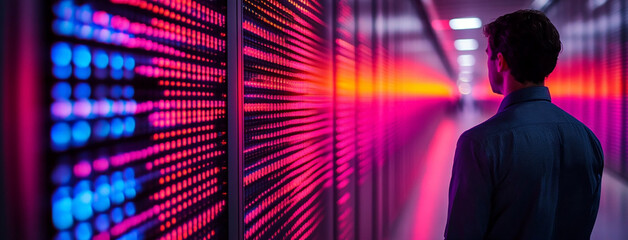 Fototapeta premium man standing toward a futuristic digital technology wall screen covered room with high tech environment and data 