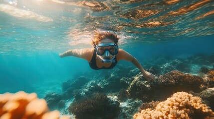 Naklejka premium A diver swims gracefully through crystal-clear water, exploring vibrant coral reefs and marine life.