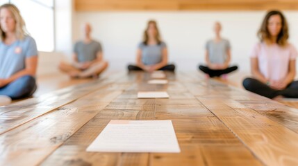 Group meditation session with focus on wooden table and informational papers.