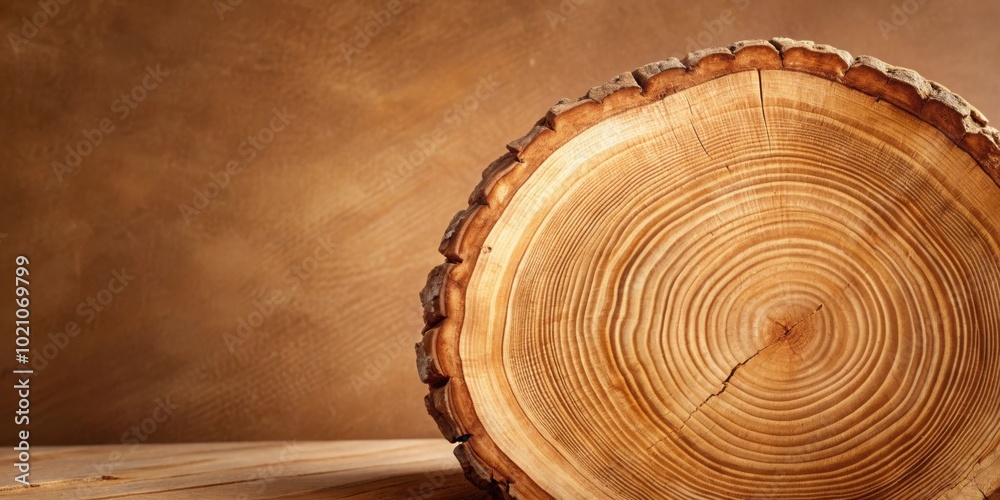 Poster a close-up view of a tree trunk cross-section revealing concentric rings and intricate wood grain pa