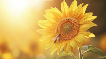 Fototapeta premium Close-up of a sunflower with a bee collecting nectar in warm sunlight.
