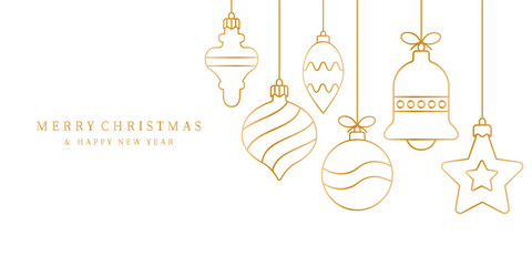 Christmas balls golden icon isolated on a white background. Christmas card with holidays decoration.Christmas balls border . Marry Christmas and Happy New Year background.