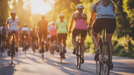 A group of cyclists riding along a scenic road during a golden sunset, promoting outdoor activity and healthy lifestyle.