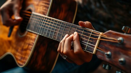 Fototapeta premium Close-up of Hands Tuning Vintage Acoustic Guitar