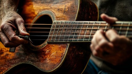Fototapeta premium Hands Tuning a Vintage Acoustic Guitar Close-Up