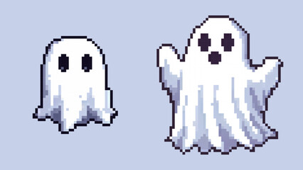Pixel Art Ghost set for Halloween with a grey background.