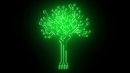 Circuit tree on black background in green color. Science and technology concept. 