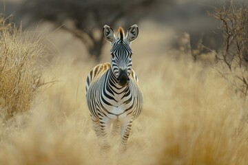 Obraz premium A zebra stands alone in a dry, grassy landscape