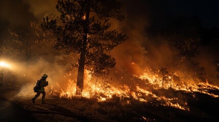 A firefighter battles a raging wildfire at night, illuminated by flames and smoke. The intense scene showcases the bravery and urgency of firefighting efforts.