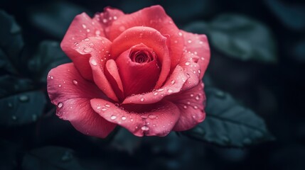 A vibrant pink rose covered in dewdrops, standing out against a dark, blurred background.