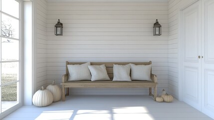 A warm and inviting porch features a charming white shiplap wall, a wooden bench adorned with cushions, and decorated with pumpkins and lanterns for a cozy fall ambiance
