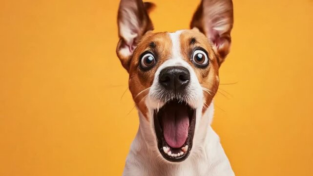 A dog expresses excitement with its mouth open and wide eyes, set against a bright orange backdrop conveying joy and energy