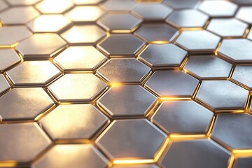 Futuristisches Wabenmuster Hexagon Design Metallisch Symmetrisch Goldene Lichtakzente Moderne Oberfläche Hightech Textur Glänzend Geometrisches Muster Elegantes Dekor Hintergrund 3D Struktur Digitales