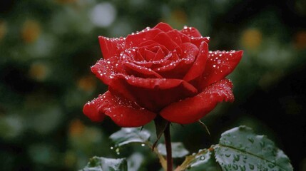 Close-up of a red rose with dewdrops glistening on its petals against a blurred green background.
