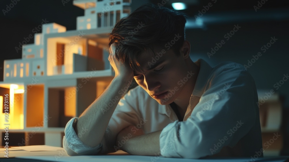 Aufkleber A person sitting at a desk or table with a model of a house in the background, great for use in real estate, architecture, or interior design projects