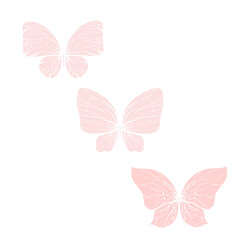 Butterflies with wings in pink colors. Delicate, romantic simple insects. Graphic illustration set of their several elements, clip art vector silhouettes.