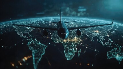 An airplane flies above a detailed map of the world, highlighting global travel and exploration
