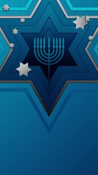 Hanukkah greeting card template featuring Star of David and Menorah candle holder. Vertical vector animation in blue gradient colors