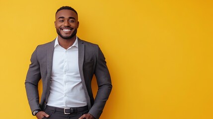 Fototapeta premium Happy young beautiful business man professional executive manager standing in office arms crossed, Generative Ai