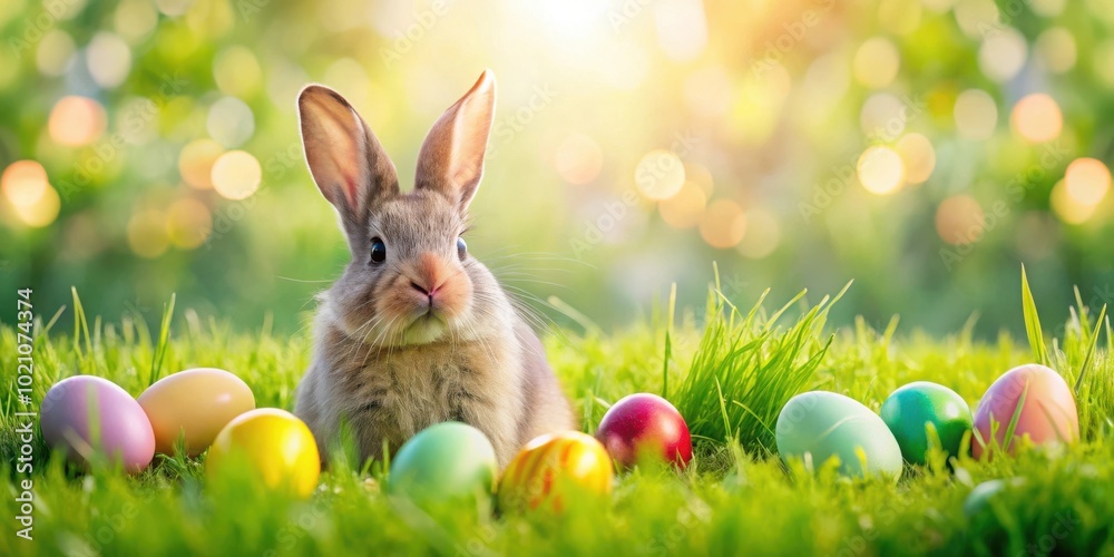 Poster a fluffy brown bunny rabbit sits in the grass surrounded by colorful easter eggs, sunlight filtering