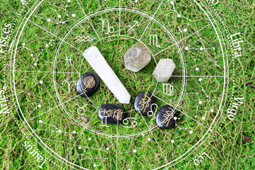 Gemstones minerals stones in the shape of obelisks with Reiki rune stones. Witchcraft, herbal...