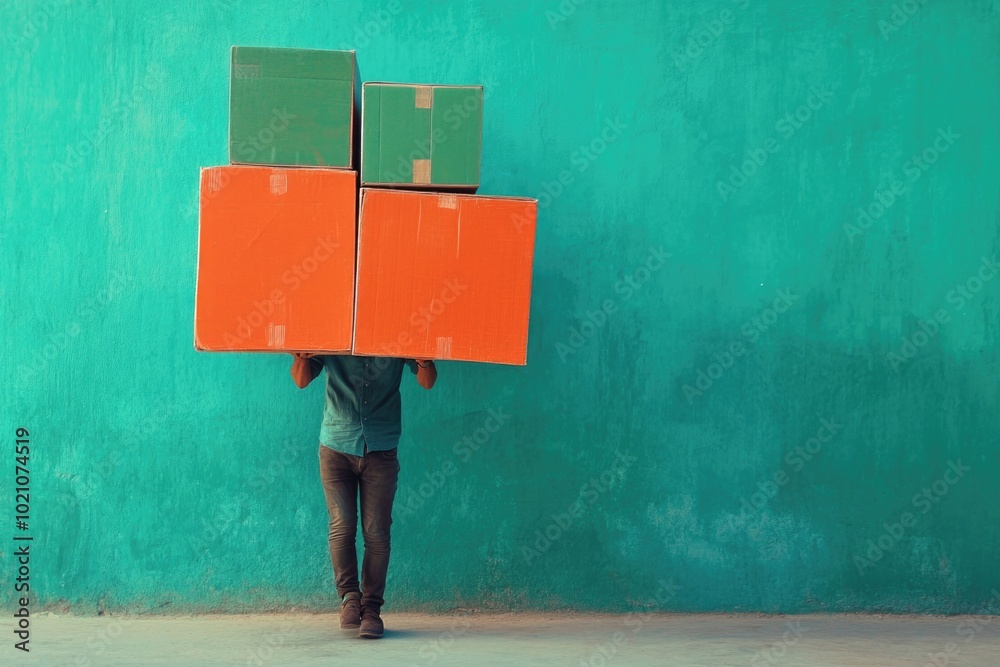 Poster a person carrying a stack of boxes on their head, likely for a move or storage