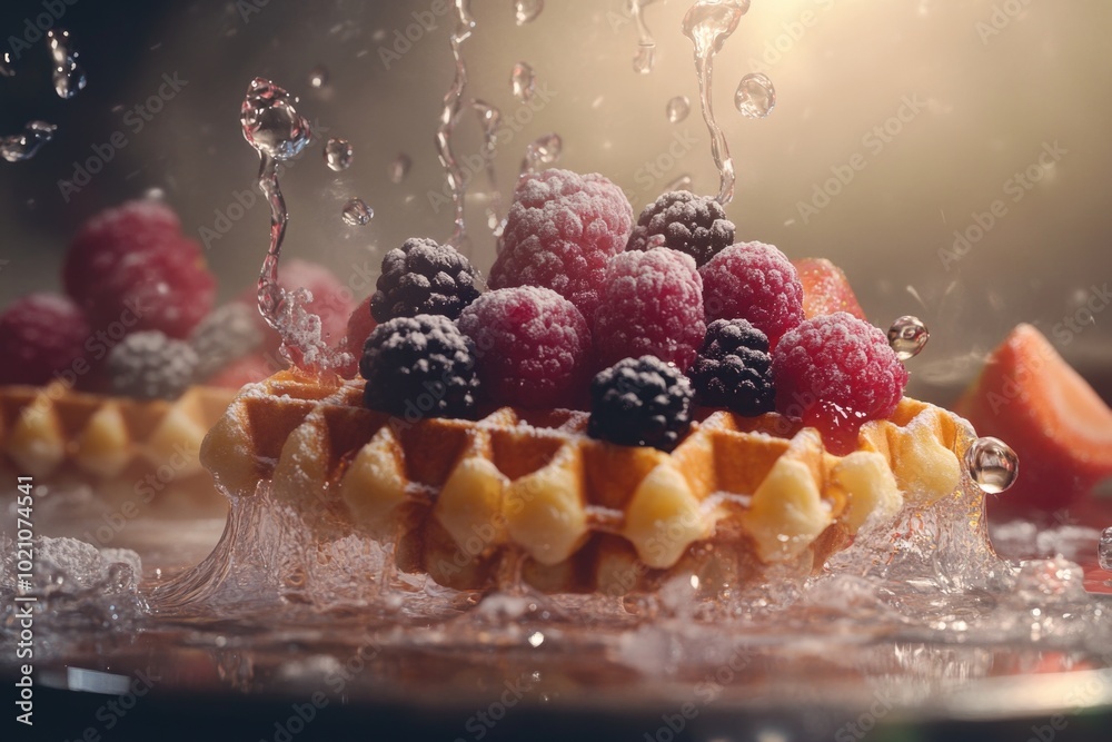 Wall mural A plate of waffles with fresh berries and water droplets