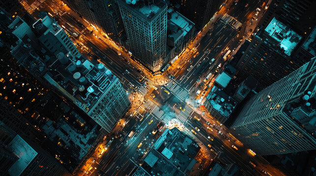 The aerial perspective captures a busy urban intersection filled with vibrant lights, showing the energy and vibrancy of city life at night from above.