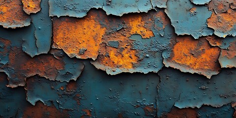 Close up of weathered blue and orange rusted metal surface.
