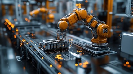 Robotic arms on an assembly line working on a circuit board.