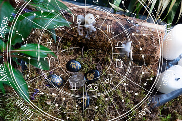 Gemstones minerals stones in the shape of obelisks with Reiki rune stones. Witchcraft, herbal...