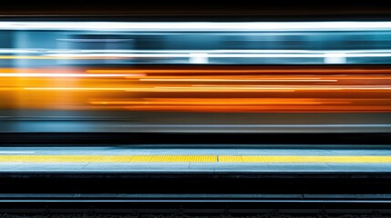 Train in Motion Blurs Past Station Platform at Night