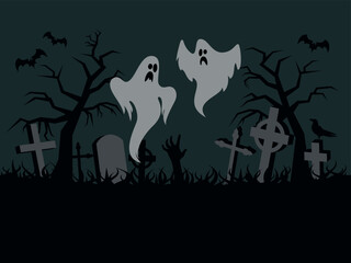 Dark spooky background with ghost and graveyard vector illustration. Template for background, banner, card. Halloween background with ghosts and cemetery vector. Night scary landscape with graves