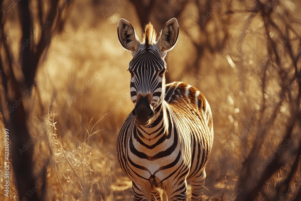 Poster a zebra standing alone in a green field, with a sunny sky in the background