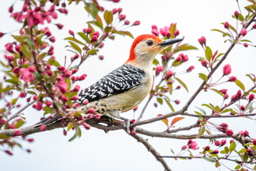 A male Red Bellied Woodpecker perches in a Crabapple Tree with fat, pink buds surrounding him.
