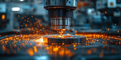 CNC machine processes metal gear, generating a shower of sparks