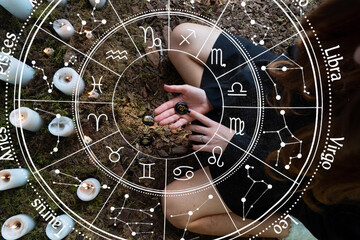 A captivating mystical scene depicts a woman deeply engaged in a nature ritual that includes...
