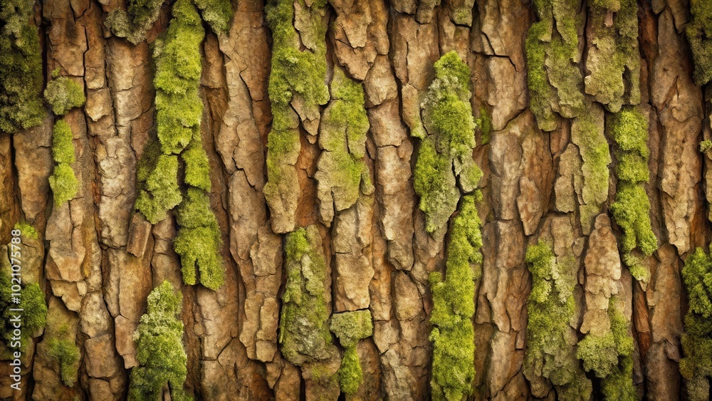 Poster a close-up view of a tree trunk covered in lush green moss, emphasizing the textured and cracked bar