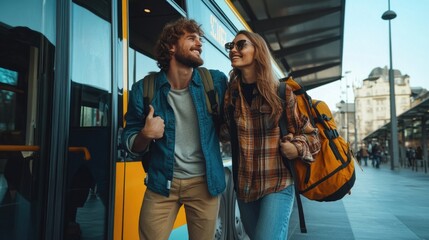 A couple stands together beside a bus on the road, possibly waiting for transportation