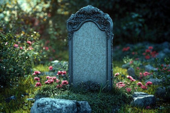 A grave in a field of colorful flowers, ideal for scenes about remembrance or nostalgia