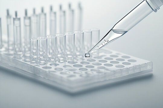 Close-up of a pipette dropping liquid into a microtiter plate, soft focus.