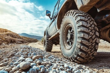 A close-up view of a vehicle navigating through a rugged terrain, with rocks and rough roads in the background