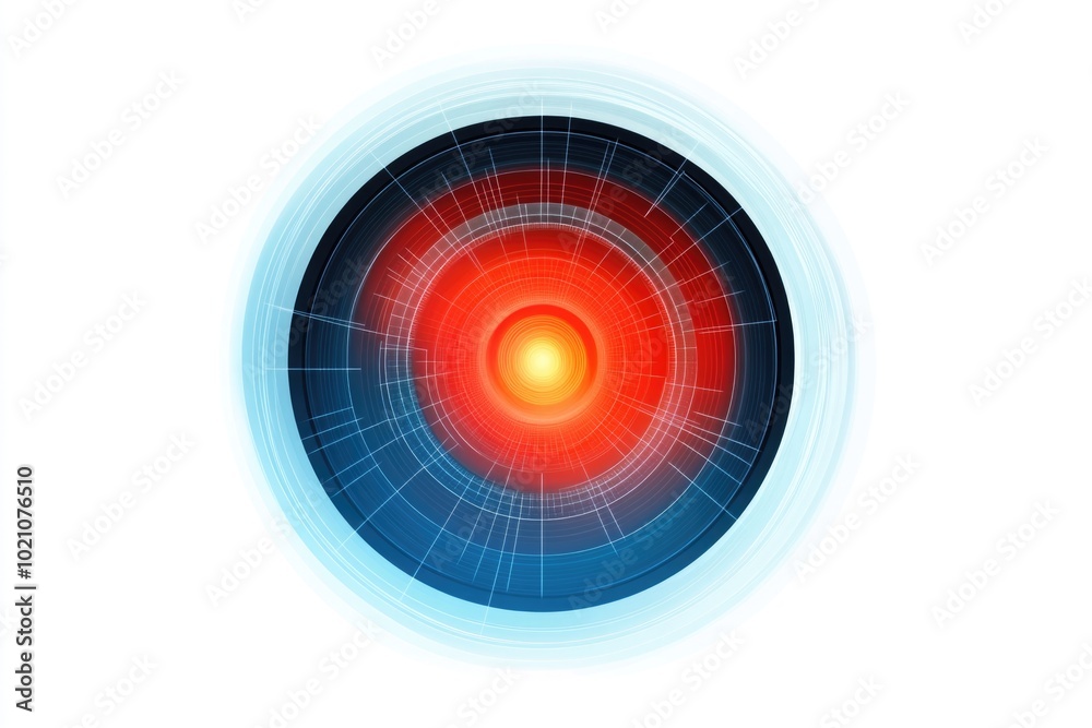 Poster A circular object with a red and blue design on a white background