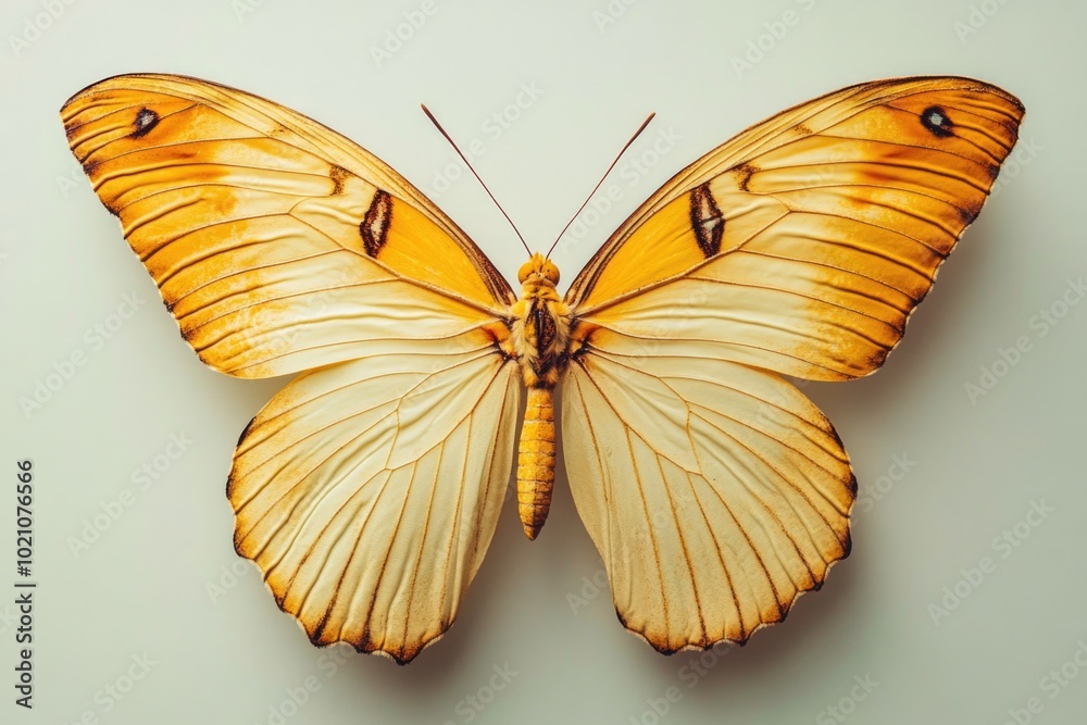 Wall mural A single yellow butterfly sits on a white surface, ready for takeoff