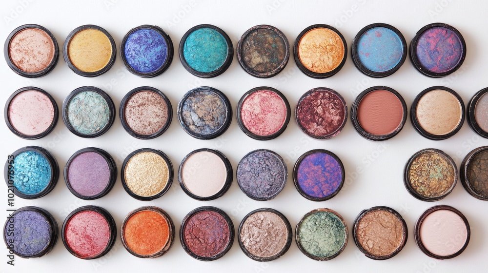 Poster Collection of colorful eyeshadows displayed on a clean white surface