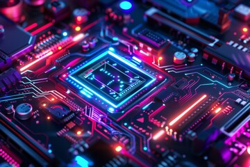 Obraz premium A vibrant digital circuit board illuminated by bright blue and red lights showcasing technology and innovation in a dark setting
